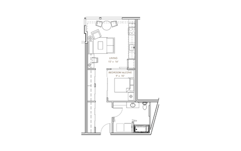 a floor plan of a small apartment with a bedroom and a living room